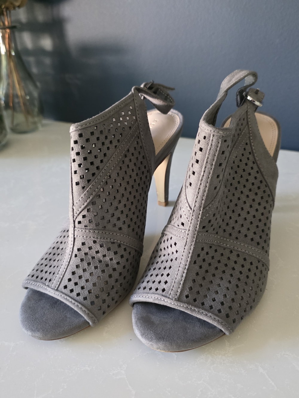 Kelly & Katie Gray Perforated Peep-Toe Slingback Heels
